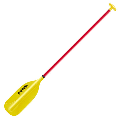 The NRS PTC Raft / Canoe Paddle features a red shaft, yellow blade and handle, plus a black NRS logo—ideal for whitewater rafting.