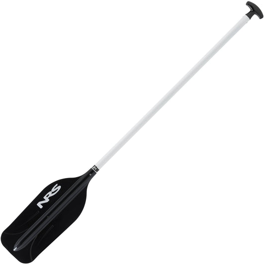 The NRS PT Guide Paddle features a black-and-white ABS plastic blade, a T-grip handle, and a durable aluminum shaft with a flat, rectangular blade.