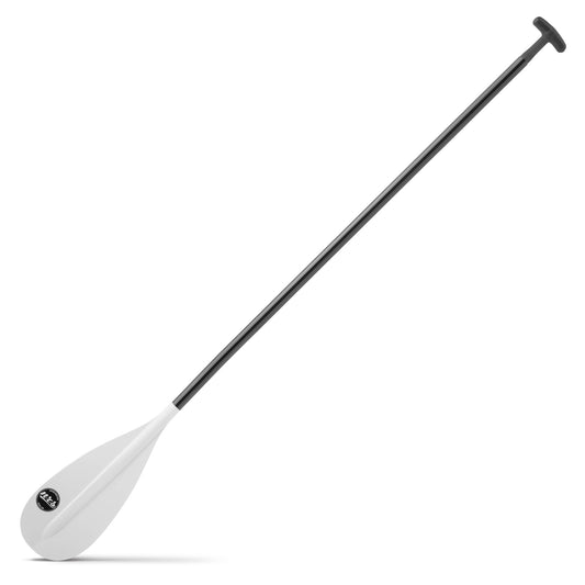 The NRS Rave 95 SUP Paddle features a black and white design, adjustable fiberglass shaft, T-shaped handle, and wide reinforced nylon blade, shown diagonally on a white background.