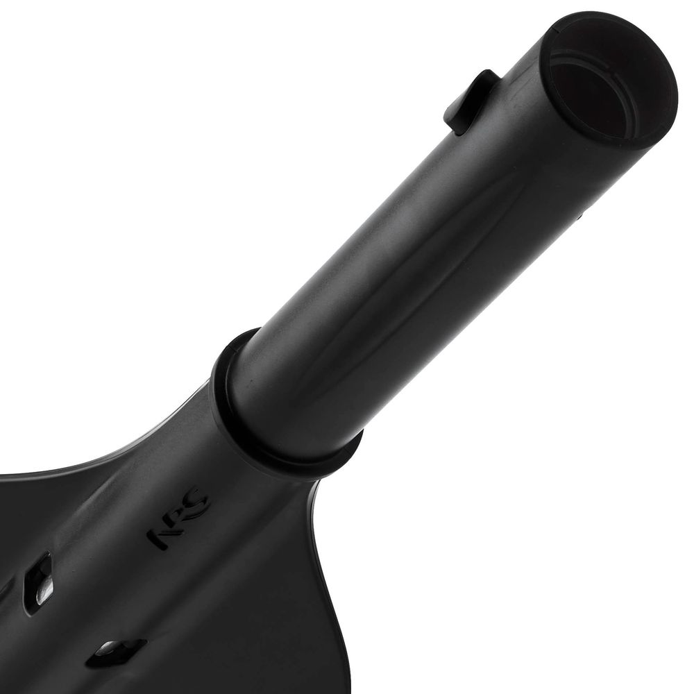 Close-up of a black NRS Helix Oar Blade with an asymmetrical shape, featuring a round handle.