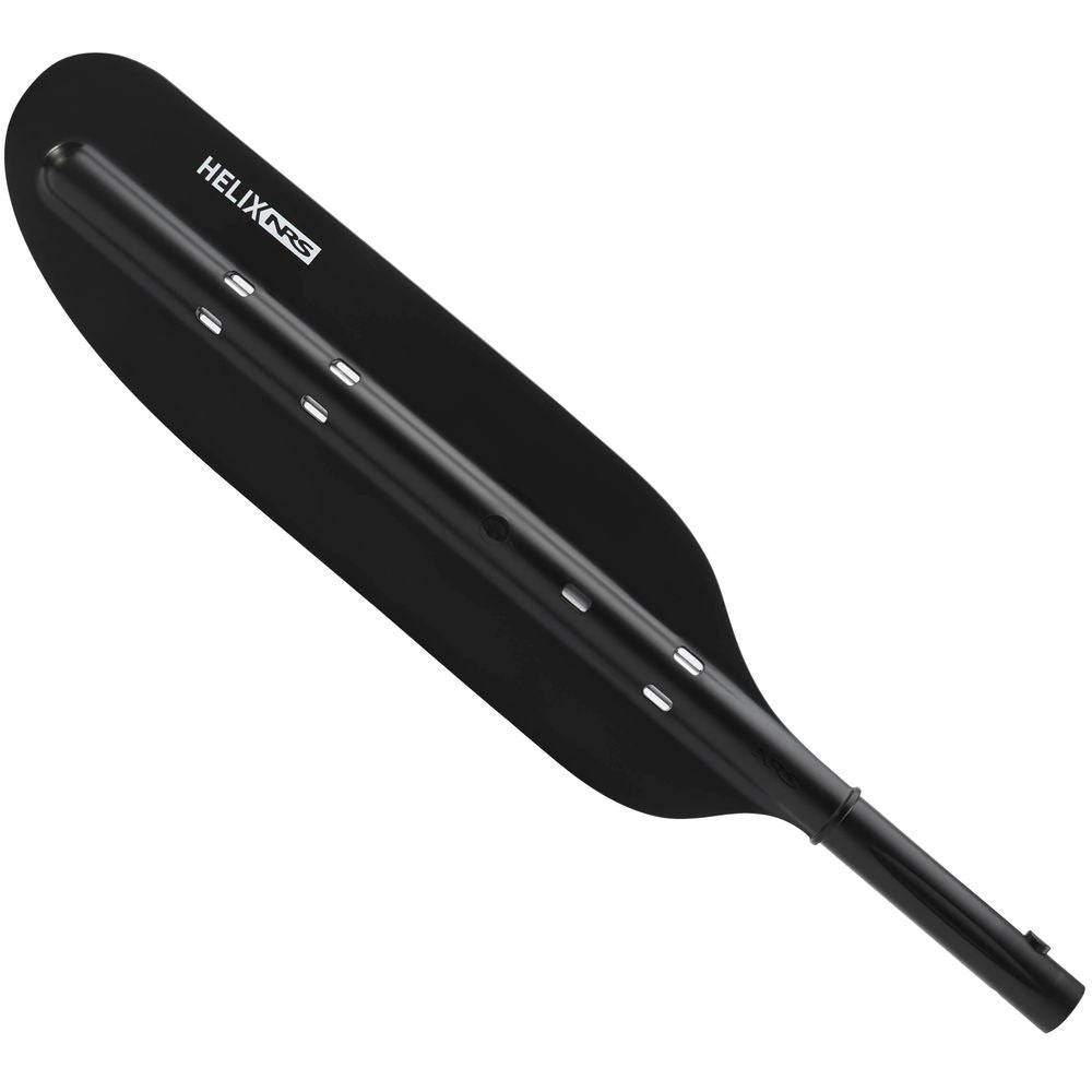 The NRS Helix Oar Blade features an asymmetrical black paddle blade with "HELIX" text and a carbon fiber spline for durability, making it ideal for water enthusiasts seeking performance and style.