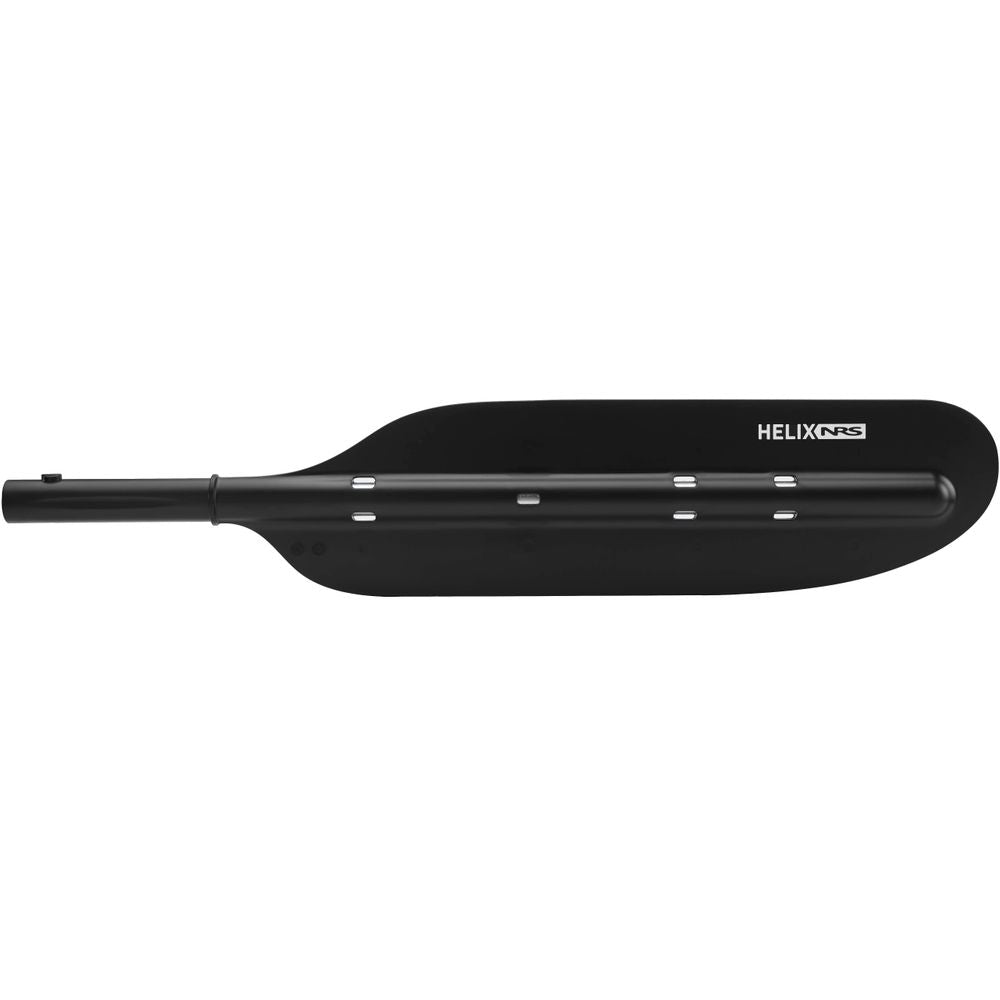 The Helix Oar Blade by NRS features an asymmetrical shape and a carbon fiber spline for enhanced performance, with a black blade showcasing the "HELIX NRS" marking on a white background.
