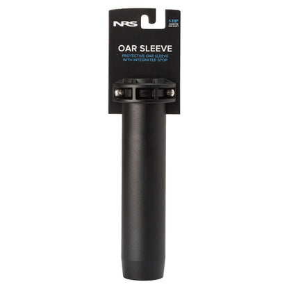 The Molded Oar Sleeve by NRS is a sleek black polyethylene oar sleeve with an integrated stop, featuring prominent branding at the top.
