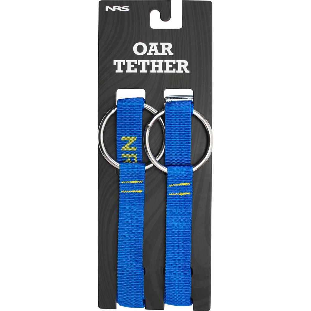 A pair of NRS Oar Tethers in blue, featuring cam buckles and stainless steel rings, comes attached to display packaging labeled "OAR TETHER.