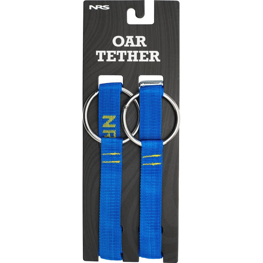 A pair of NRS Oar Tethers in blue, featuring cam buckles and stainless steel rings, comes attached to display packaging labeled "OAR TETHER.