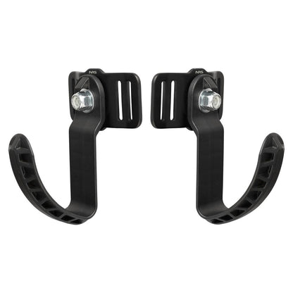 The NRS Oar Rest features a black, wall-mounted design with curved, ribbed arms and metal fasteners—perfect for secure storage or as sturdy boat accessories.