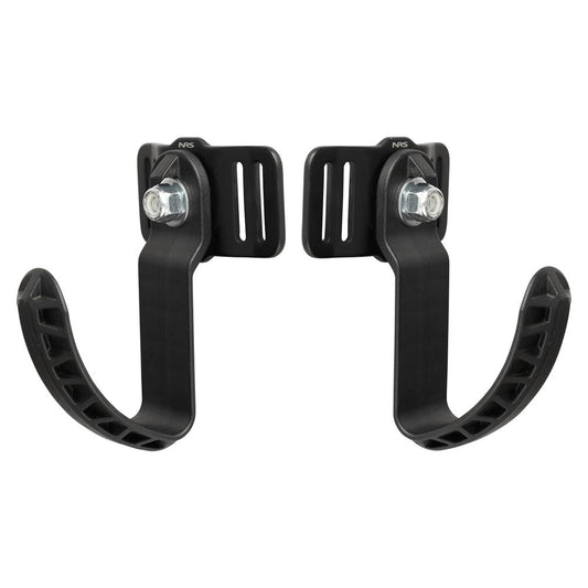The NRS Oar Rest features a black, wall-mounted design with curved, ribbed arms and metal fasteners—perfect for secure storage or as sturdy boat accessories.