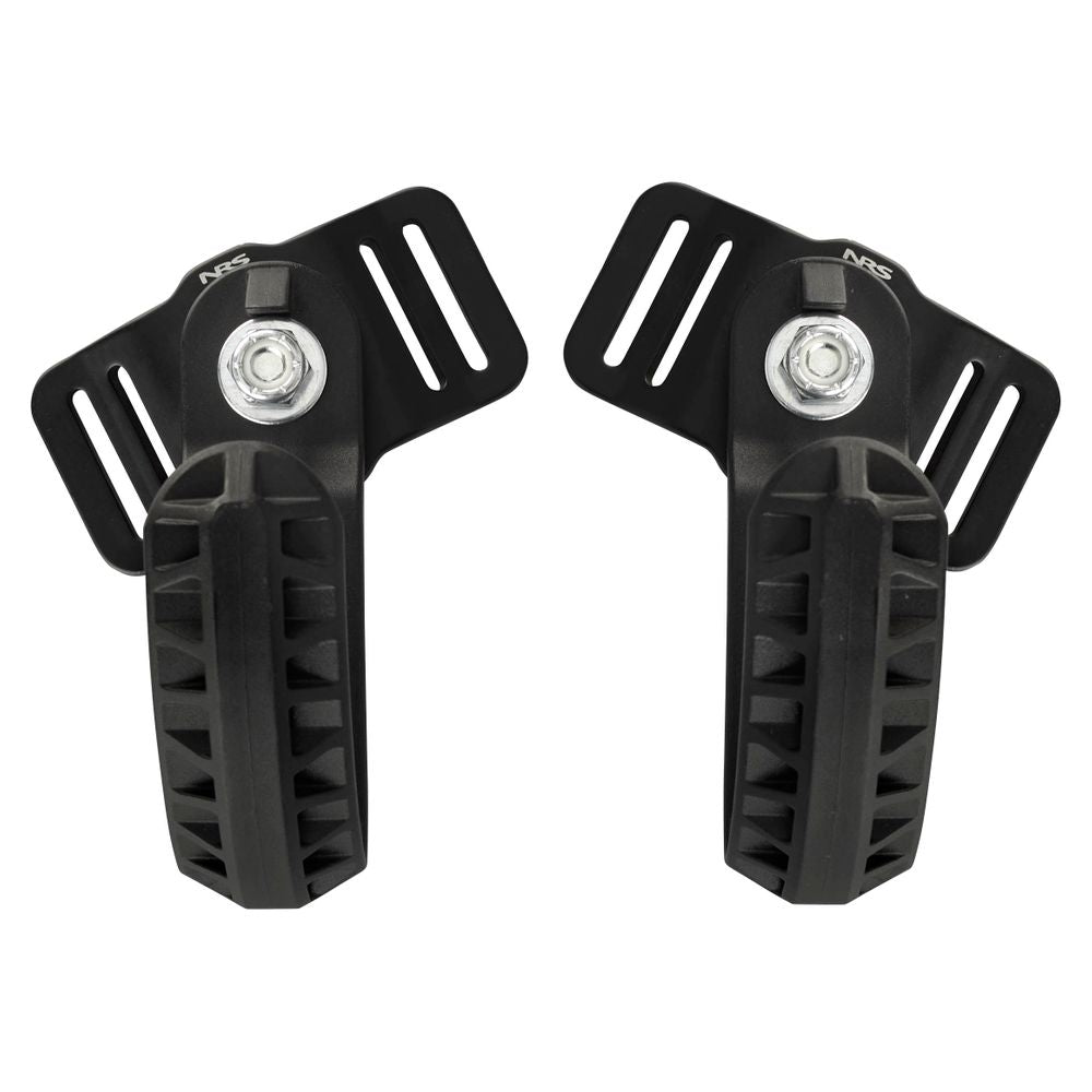 The NRS Oar Rest is a black adjustable paddle holder with slotted mounting brackets and textured rubber grips, perfect for securing your kayak paddles and doubling as sturdy oar hooks for safe storage.