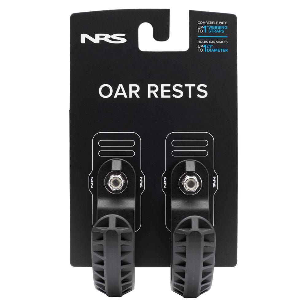 Two black NRS Oar Rests on a black display card with white "Oar Rest" text and compatibility info—a must-have boat accessory for secure oar placement.