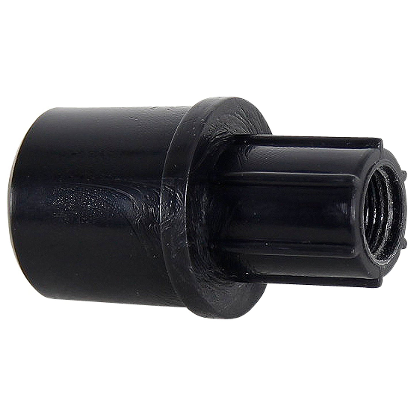 A close-up of the NRS Pressure Gauge Adapter for Leafield Valves, featuring a black plastic cylindrical design with a ridged threaded interior and smooth exterior, compatible with NRS Pressure Gauges.