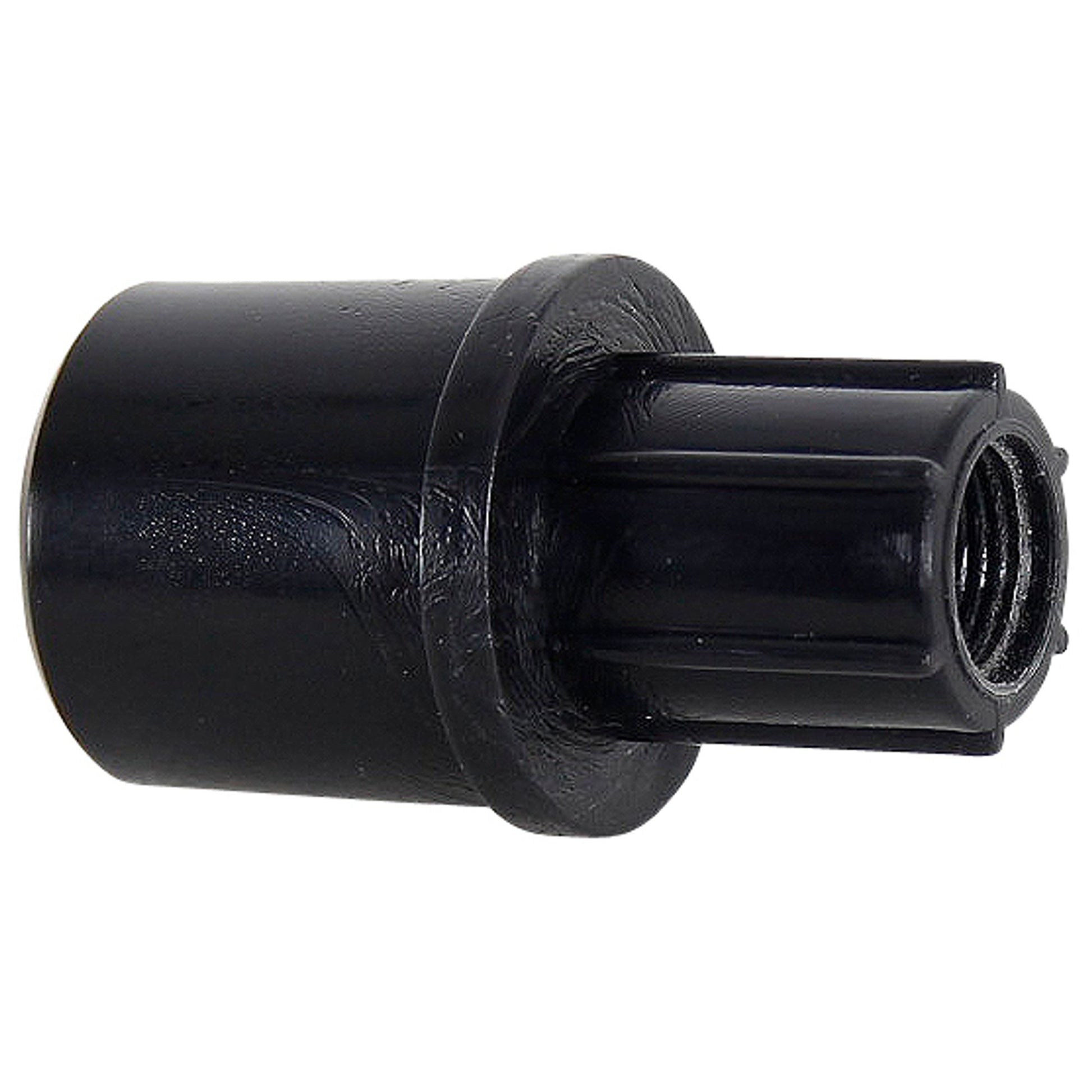 A close-up of the NRS Pressure Gauge Adapter for Leafield Valves, featuring a black plastic cylindrical design with a ridged threaded interior and smooth exterior, compatible with NRS Pressure Gauges.