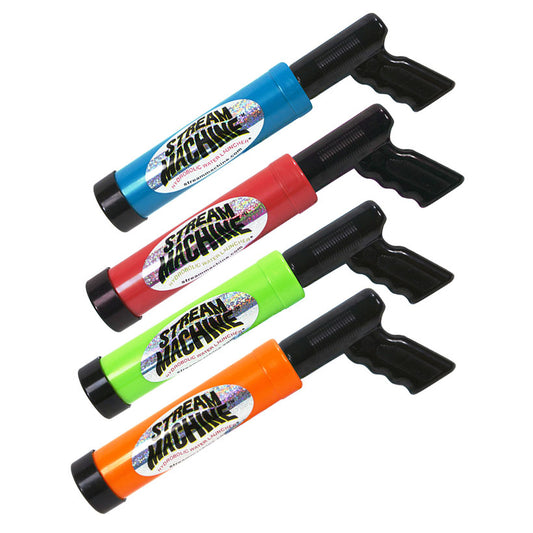 Four 4CRS Stream Machine Water Cannons are stacked vertically, each with a black handle and a different body color: blue, red, green, and orange.