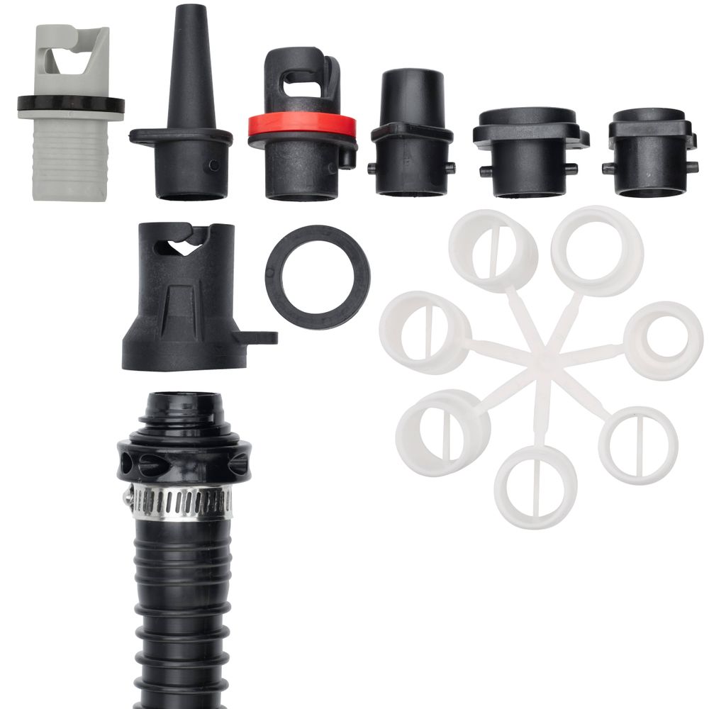 Displayed above a coiled hose section secured with a metal clamp, the NRS Super Pump showcases various pipe fittings, adapters, and connectors designed for high-pressure inflatables.