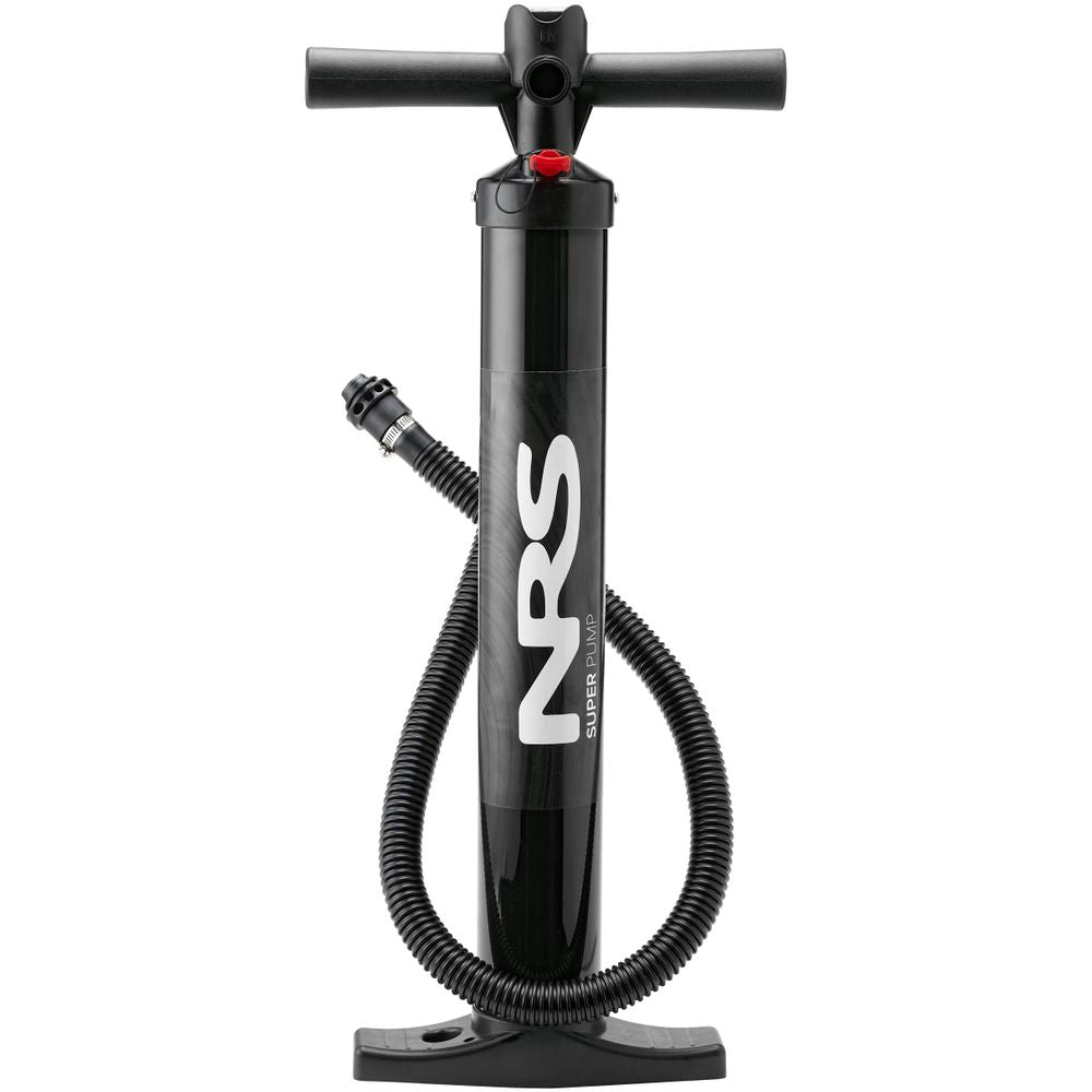 The NRS Super Pump features a T-shaped handle and flexible hose, ideal for high-pressure inflatables or drop-stitch designs.