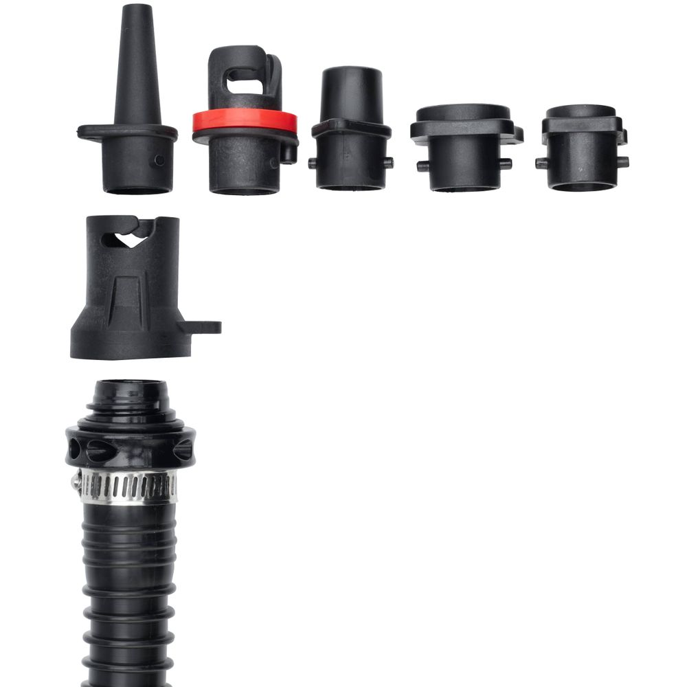 A retractable garden hose nozzle set designed for efficiency, reminiscent of the NRS Super Pump 2 HP, featuring six different black attachments aligned horizontally.
