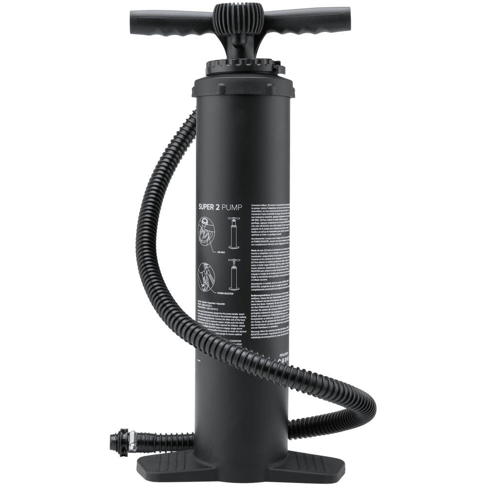 Black manual high-pressure pump by NRS, known as "Super Pump 2 HP," features a hose and T-shaped handle, perfect for easily inflating your SUP or inflatable board.