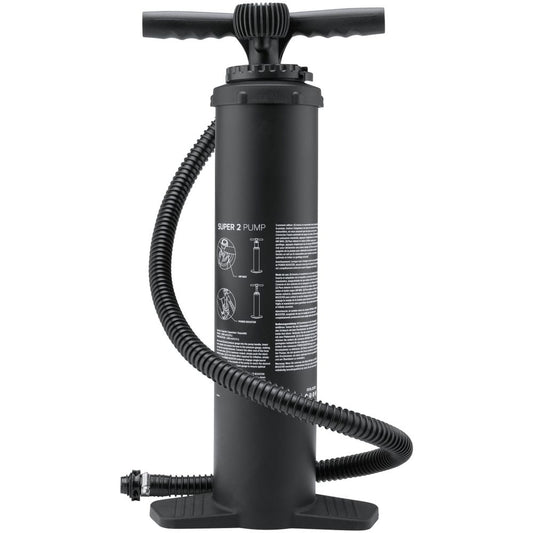 Black manual high-pressure pump by NRS, known as "Super Pump 2 HP," features a hose and T-shaped handle, perfect for easily inflating your SUP or inflatable board.