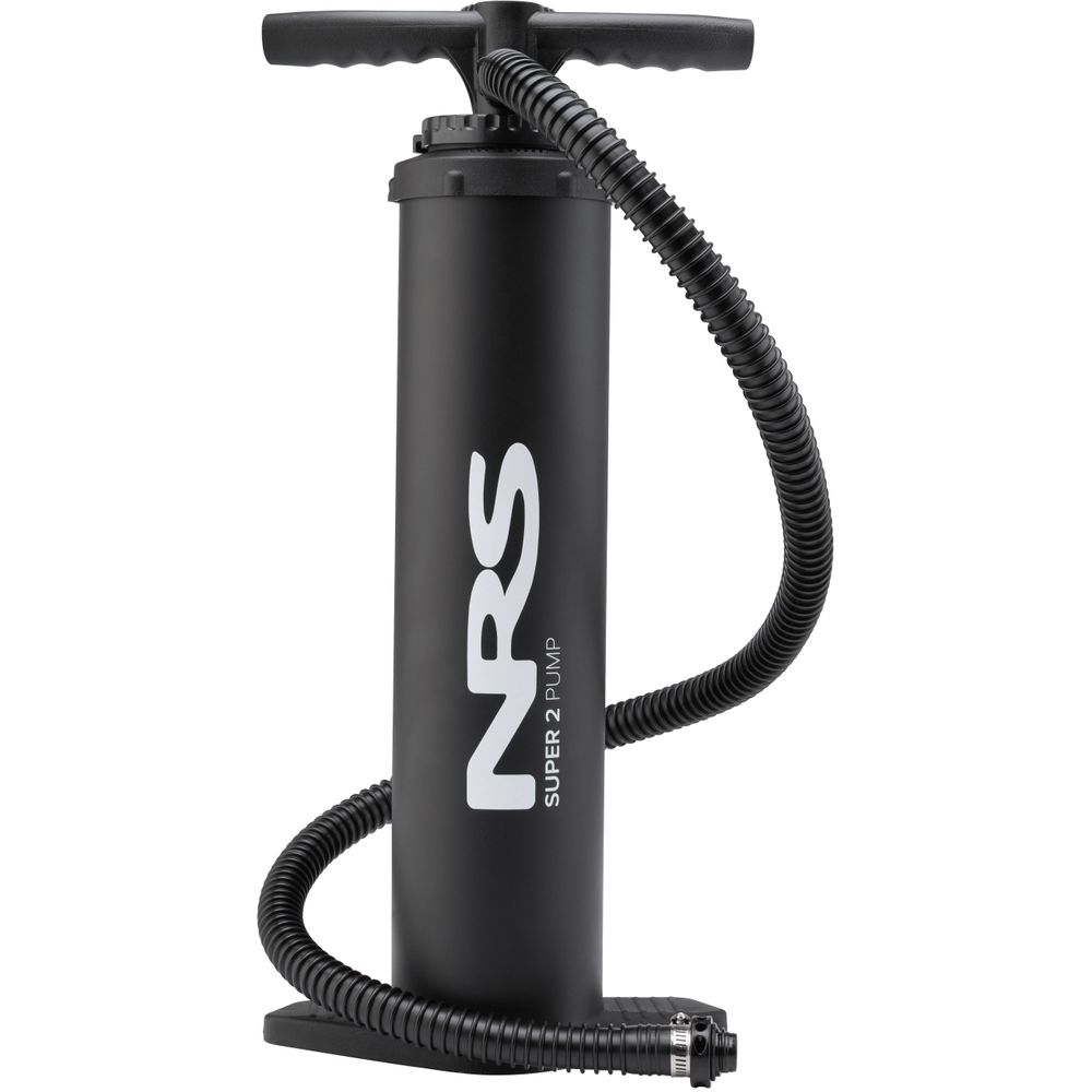 The NRS Super Pump 2 HP is a high-pressure pump with a T-shaped handle and coiled hose, ideal for inflatable board adventures.