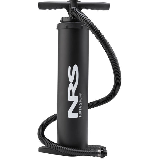 The NRS Super Pump 2 HP is a high-pressure pump with a T-shaped handle and coiled hose, ideal for inflatable board adventures.
