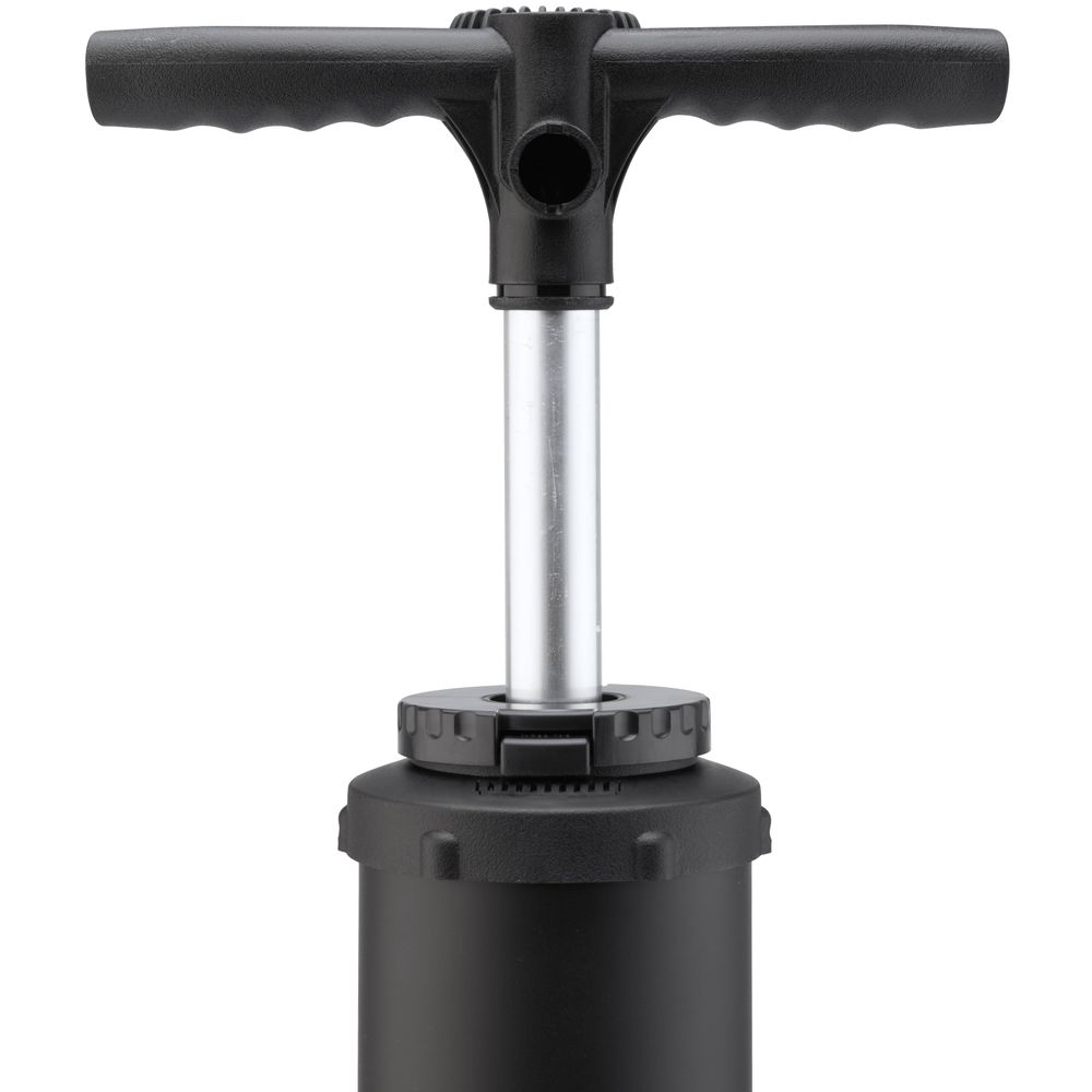 Close-up of a black NRS Super Pump 2 HP, featuring a T-shaped handle and cylindrical body, designed for high-pressure inflation.
