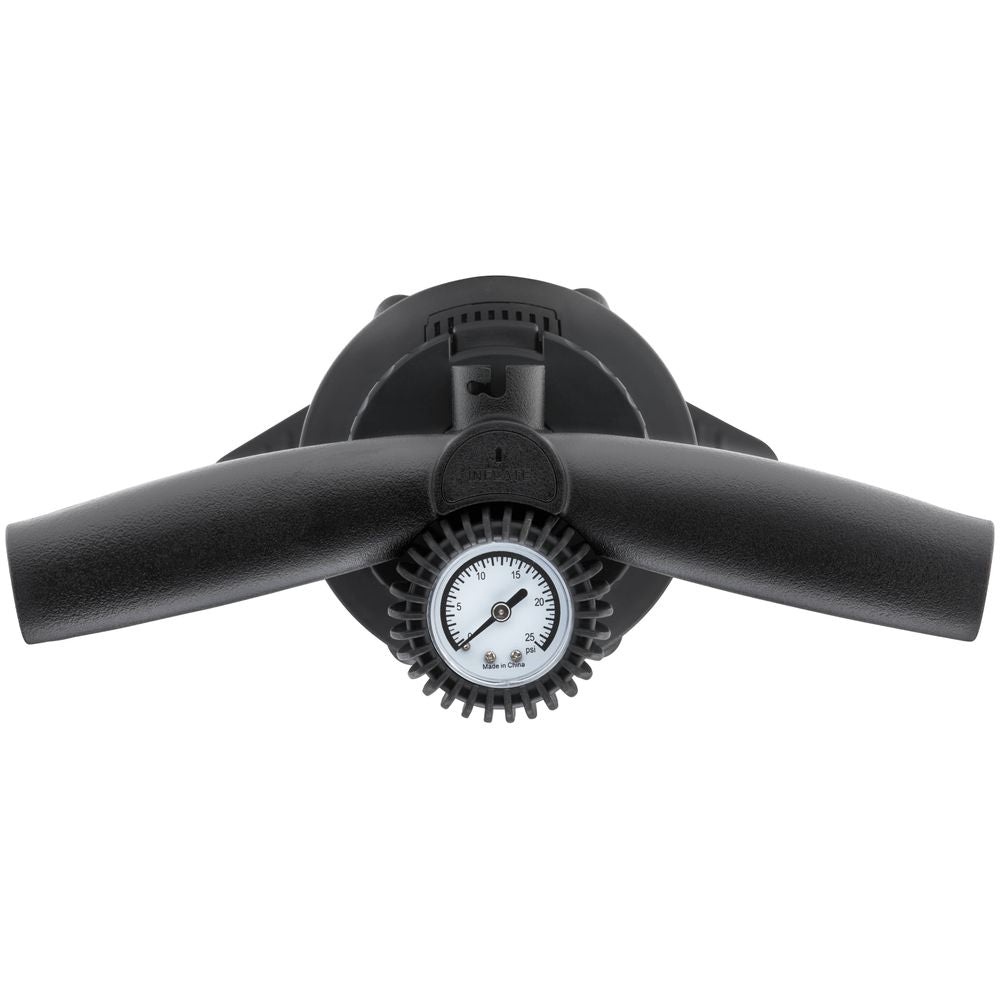 Close-up of the NRS Super Pump 2 HP's black handle, featuring a textured grip and a round pressure gauge at the base with a clear dial, ensuring precise control for your inflatable board.
