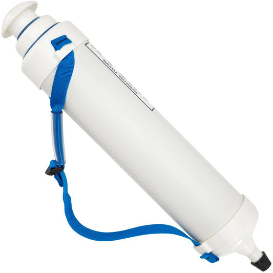 The NRS K-Pump K40 High Pressure is a white portable water filter with a two-stage design, a blue strap, a cylindrical shape, and a spout on one end.