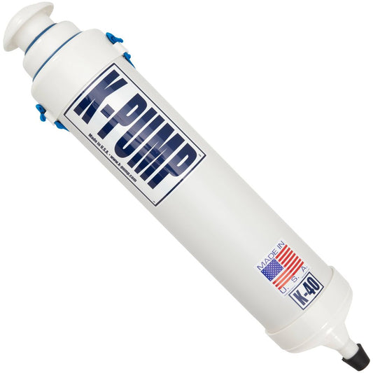 The NRS K-Pump K40 High Pressure boasts a white cylindrical body with blue labeling and is made in the USA. Its innovative two-stage design ensures efficient high-pressure hand pumping, ideal for quick inflation needs.