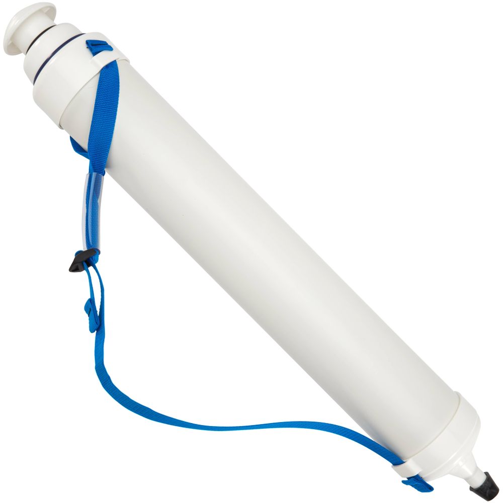 The NRS K-Pump 400 is a white cylindrical rod with blue adjustable straps, featuring an ergonomic two-stage design and a cap on one end.
