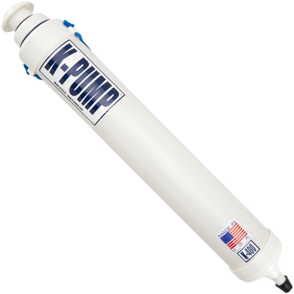 The NRS K-Pump 400 features an ergonomic design with a labeled handle and nozzle, a "Made in USA" badge, and a two-stage mechanism, making it ideal for inflatable standup paddleboards.