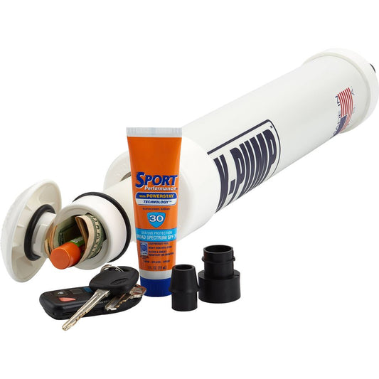 A white waterproof container with an open lid shows money and a sunscreen tube inside, while keys and other parts, including an NRS K-Pump K100 hand pump for inflatable boat valves, are placed next to it.