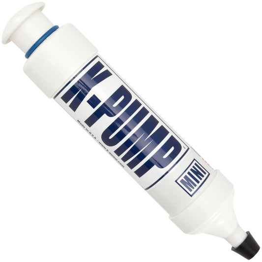 The compact white K-Pump Mini from NRS features a black nozzle for quick inflation. Its cylindrical design includes a clear "K-PUMP MINI" label, making it an ideal emergency inflator.