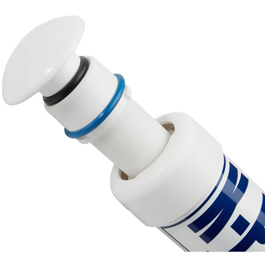 A close-up of a white cylindrical pop-up drain stopper with a blue seal and black O-ring, reminiscent of the precision engineering in NRS's K-Pump K20 HP Pump, is shown partially extended.