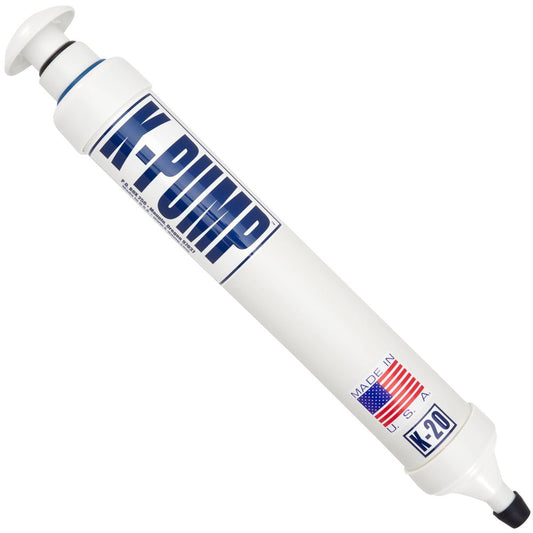 The NRS K-Pump K20 HP Pump is a white high-pressure hand pump marked "Made in USA" with an American flag, ideal for high-performance inflatables such as stand-up paddleboards.