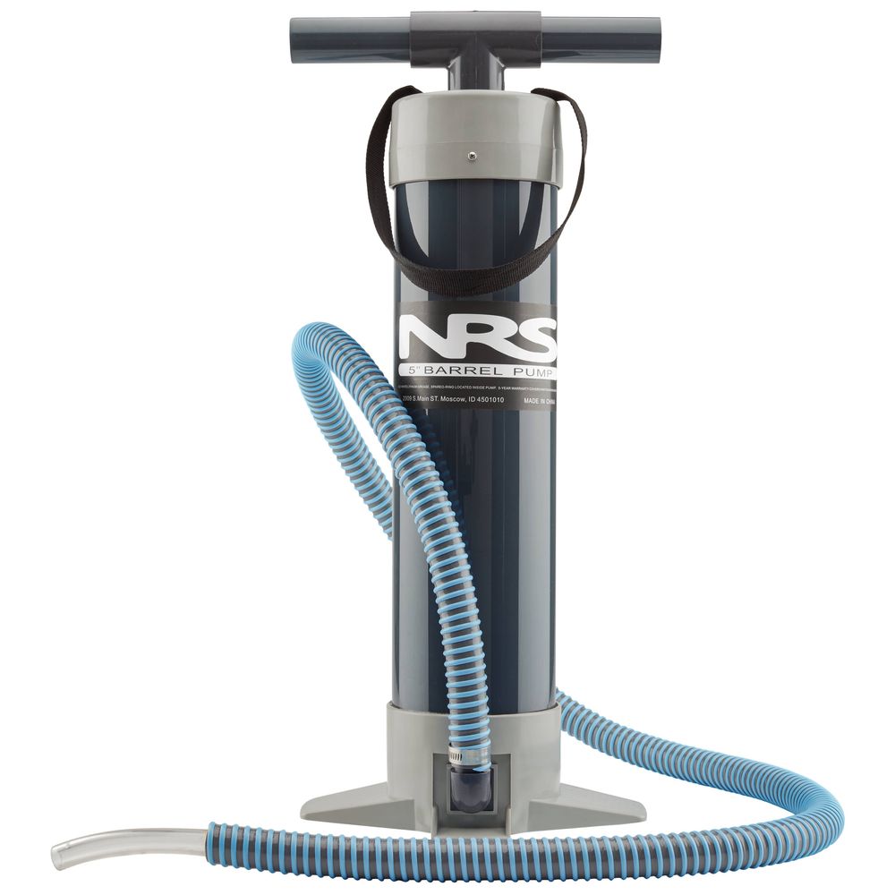 The NRS 5-inch Barrel Pump with a blue flexible hose and gray base is ideal for raft inflation, featuring a convenient top handle for easy use.