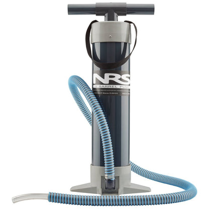 The NRS 5-inch Barrel Pump with a blue flexible hose and gray base is ideal for raft inflation, featuring a convenient top handle for easy use.