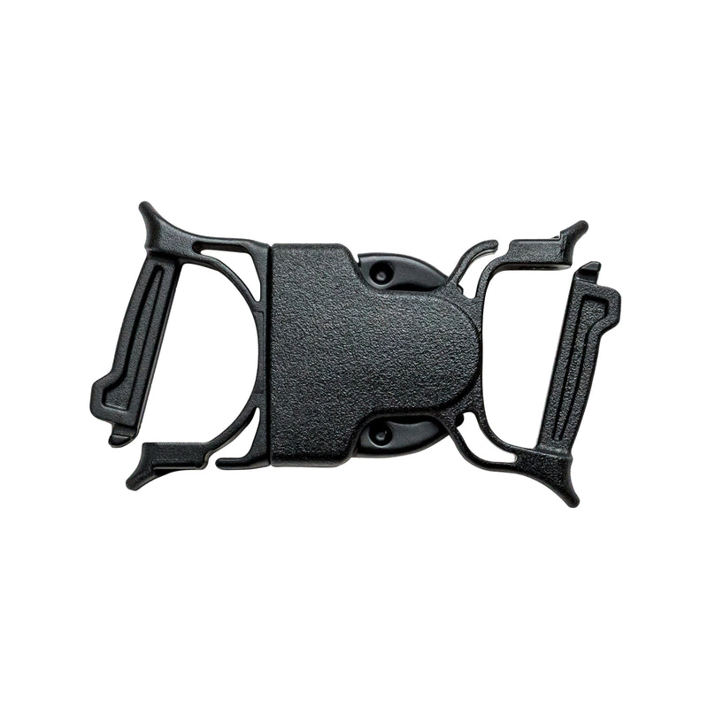 The Gear Aid Dual Snap Bar Buckle - 1" 5.0 is a black plastic buckle with a textured finish, shown open and flat on white—perfect for dry bag repair or use with 1" webbing straps.
