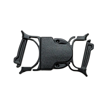 The Gear Aid Dual Snap Bar Buckle - 1" 5.0 is a black plastic buckle with a textured finish, shown open and flat on white—perfect for dry bag repair or use with 1" webbing straps.