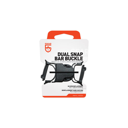 Gear Aid Dual Snap Bar Buckle - 1" 5.0 in black, ideal for repairing 1" webbing straps or dry bags, comes in retail packaging with product name and description clearly visible on the front.