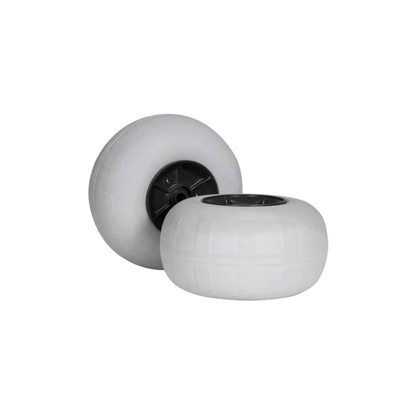 Shown against a plain black background are two 13" balloon wheels featuring white tires and black hubs, designed specifically for a kayak cart. These high-quality wheels are part of the Heavy Duty Kayak Cart by Wilderness Systems.