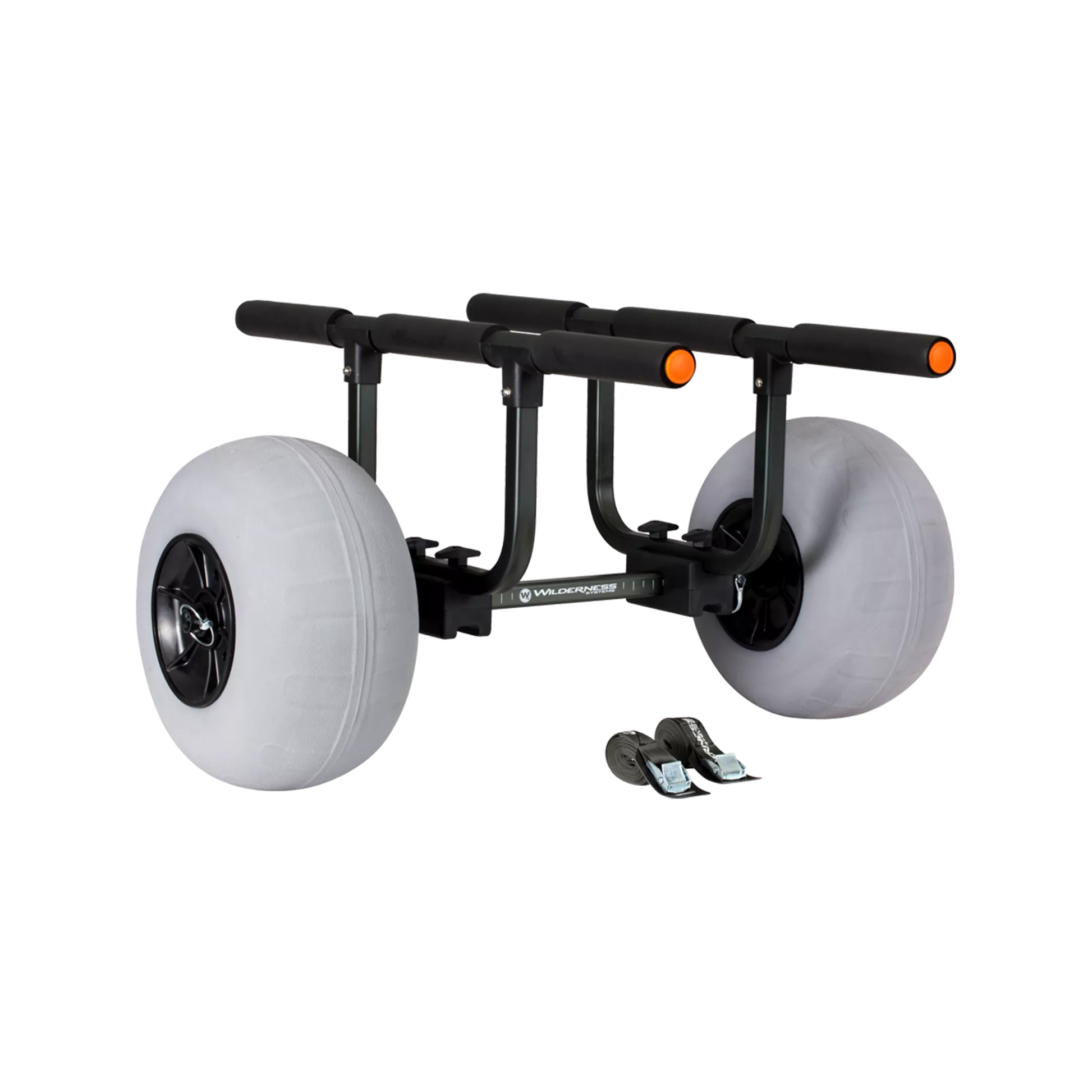 The Wilderness Systems Heavy Duty Kayak Cart with 13" Beach Wheels is designed for easy transportation of kayaks or similar items, featuring a marine-grade aluminum frame and large, white beach wheels.