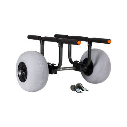 The Wilderness Systems Heavy Duty Kayak Cart with 13" Beach Wheels is designed for easy transportation of kayaks or similar items, featuring a marine-grade aluminum frame and large, white beach wheels.