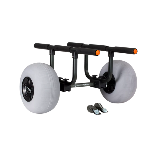 The Wilderness Systems Heavy Duty Kayak Cart with 13" Beach Wheels is designed for easy transportation of kayaks or similar items, featuring a marine-grade aluminum frame and large, white beach wheels.