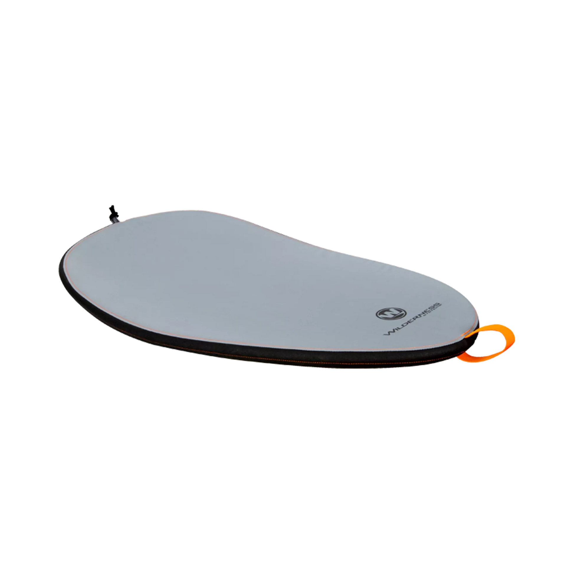 A grey and orange TrueFit Cockpit Cover - Wilderness Systems kayak on a black background.