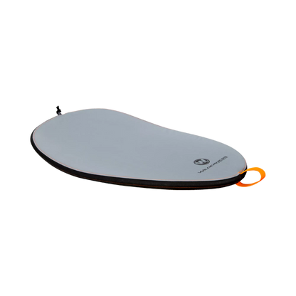 A teardrop-shaped gray and black object with an orange loop, featuring a logo, made from durable urethane coated nylon. This TrueFit W Cockpit Cover by Wilderness Systems ensures a snug fit for your kayak.
