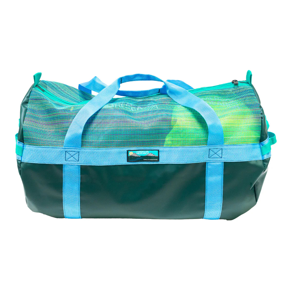 The Immersion Research World Class Gear Bag is teal and green with light blue handles and trim, a ventilated mesh top for breathability, and a small rectangular front logo.