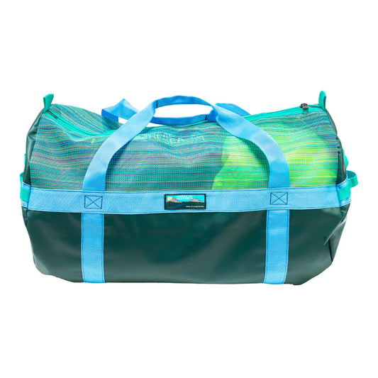 The Immersion Research World Class Gear Bag is teal and green with light blue handles and trim, a ventilated mesh top for breathability, and a small rectangular front logo.