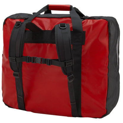 The NRS Boat Bag is a red rectangular backpack with black straps, handles, a front buckle, and reinforced edges. It's ideal for carrying gear on inflatable kayaks or rafts.