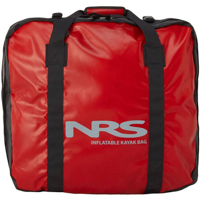The NRS Boat Bag is a red inflatable kayak bag with black straps, displaying a gray "NRS Inflatable Kayak Bag" logo. Ideal for transporting inflatable kayaks or rafts, this bag offers durability and style for all your adventures.