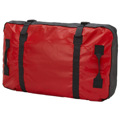 A large red NRS Boat Bag, rectangular with black straps and handles, stands against a white background.