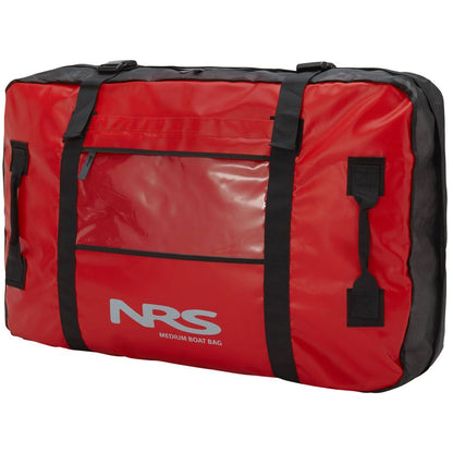 The NRS Boat Bag is a red rectangular bag with black straps and a clear front pocket, ideal for securely storing gear for inflatable kayaks. Perfect whether you're paddling rafts or cruising in style.
